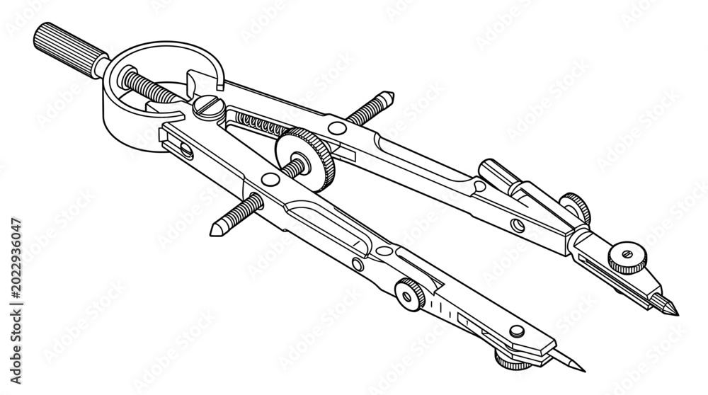 Obraz premium Technical drawing compass with pencil point and adjustable arm on a clean white background.