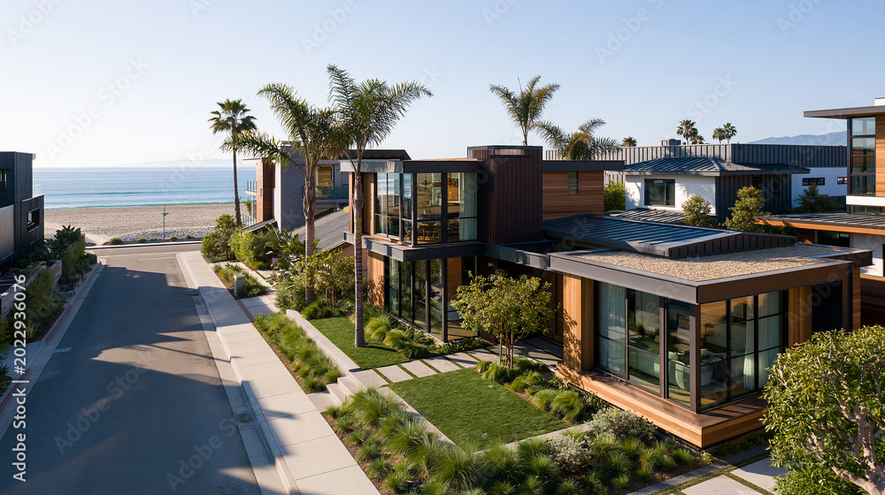 Fototapeta premium Aerial View of Modern Beachside Homes with Palm Trees and Oceanfront Residential Street