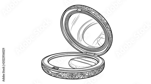 Obraz na plátně Detailed line drawing of an open compact mirror with a decorative border on a plain white background
