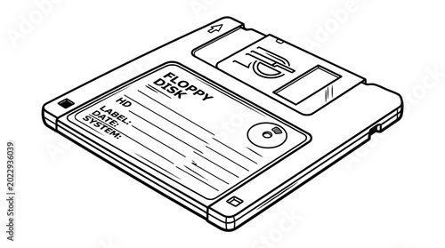 Foto Line drawing of a floppy disk on a white background with a label and eject button