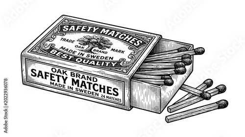 Cuadro en lienzo Illustration of an open matchbox with matches spilling out on a plain white background in a detailed line drawing style