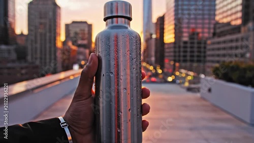 Person holding sweaty stainless steel bottle in city sunset
