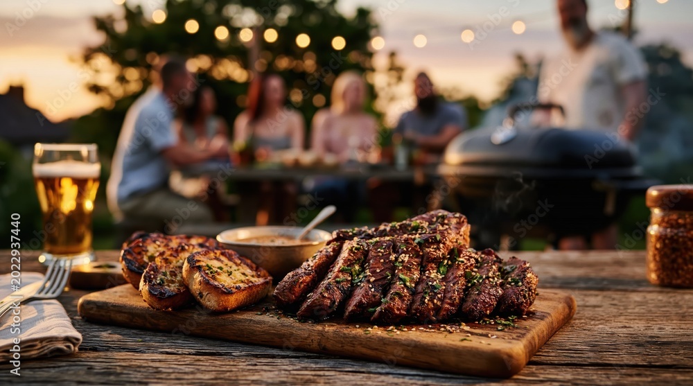 Obraz premium Mouthwatering grilled steak is served on wooden board, with glass of beer and gathering of people in background during beautiful sunset.