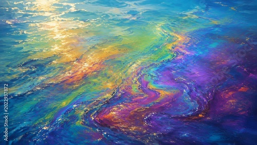 Colorful oil slick on water rainbow swirls abstract background