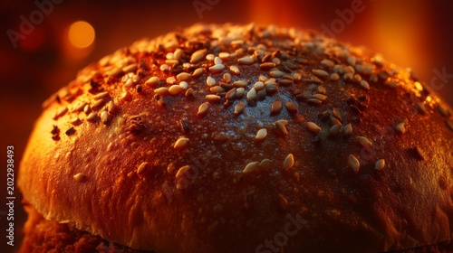 Close-up of a freshly baked sesame seed bun with golden crust and warm lighting, showcasing texture and warmth of artisanal bread for food photography