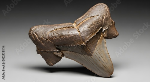 Fossilized Megalodon Shark Tooth Specimen Displayed on a Neutral Background.
