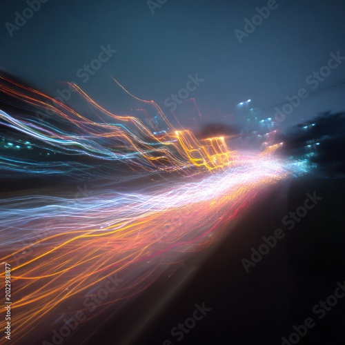Abstract Light Trails in Night Sky with Colorful Streaks and Dynamic Motion