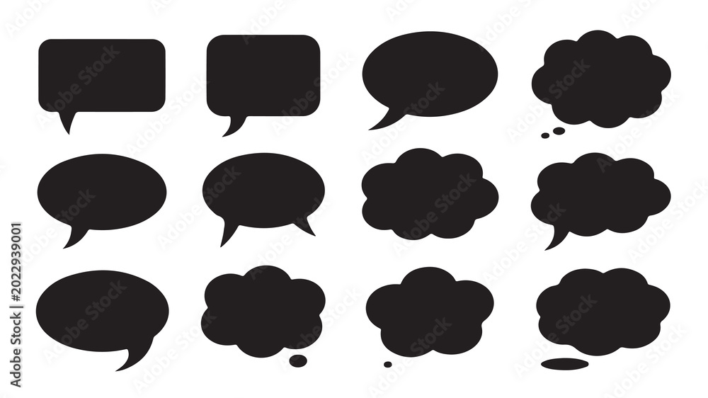 Obraz premium Set of various black comic speech bubbles and dialog clouds for chat and social media design.