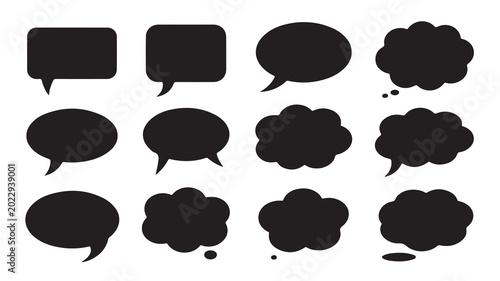 Set of various black comic speech bubbles and dialog clouds for chat and social media design.