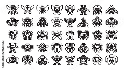 Bild auf Leinwand Pixel art alien robot characters set