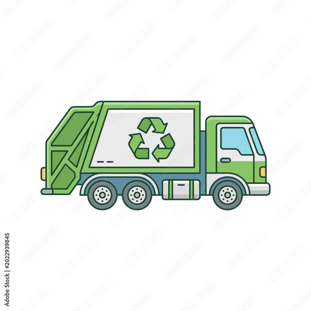 Fototapeta premium Green recycling truck with eco symbol for waste collection