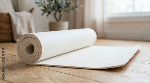 White Yoga Mat Mockup Rolled Slightly Clean Wellness Aesthetic Soft Natural Lighting Rubber Texture
