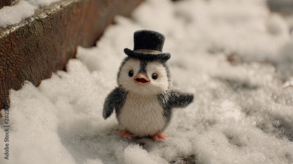 Obraz premium Charming penguin in miniature top hat standing in a snowy environment