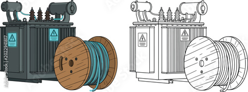 Tableau sur toile Electrical transformer and wooden cable spool with wire industrial power equipme