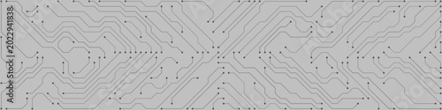 Abstract digital circuit board pattern with interconnected lines and nodes on a light gray background for technology and data concepts