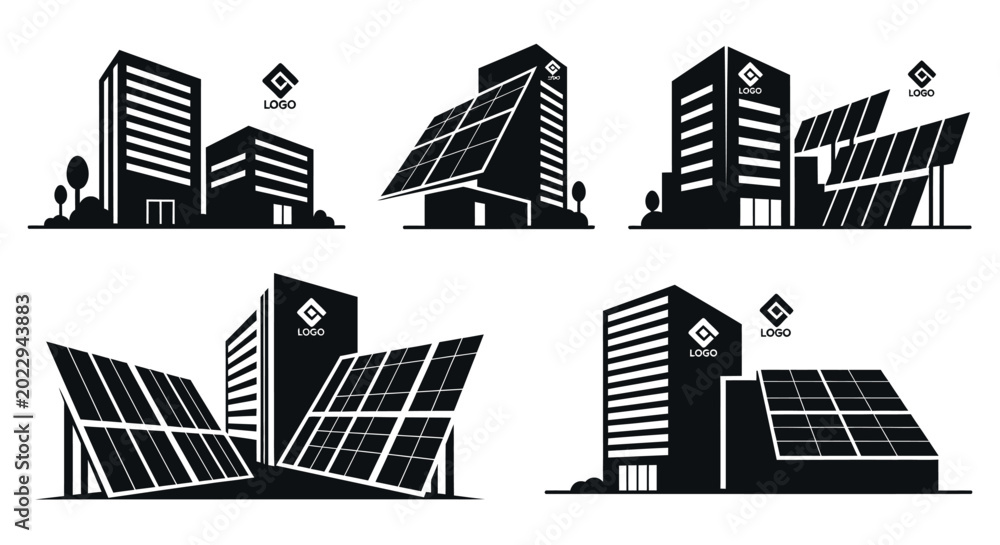 Obraz premium Modern Buildings with Solar Panels, Renewable Energy Concept, Eco-Friendly Architecture