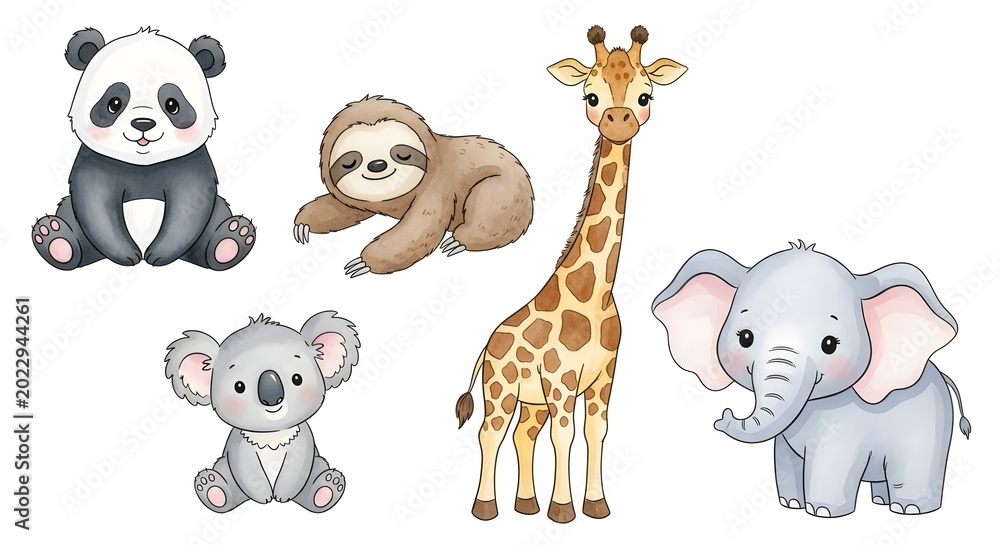 Fototapeta premium Cute Watercolor Baby Animals Collection Panda Elephant Giraffe Koala Sloth.