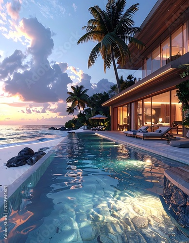Luxury beachfront villa with infinity pool at sunset, tropical paradise escape.