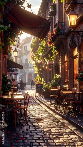Cozy European street cafe scene outdoors.