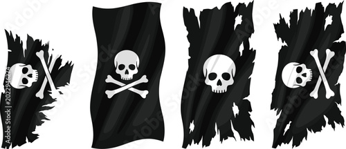 Black pirate flag illustrations featuring skull and crossbones variations with tattered edges and aged maritime design style