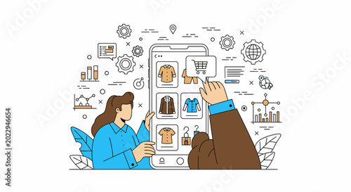 Online mobile shopping app with people buying clothes on smartphone screen for digital retail business