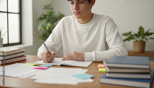 Hispanic teenage boy wearing a blank white sweatshirt writing in an open notebook indoors