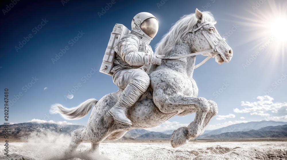 Fototapeta premium Astronaut riding white horse surreal imagery against blue sky sunlight