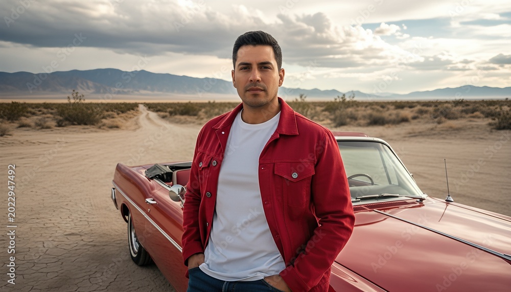 Fototapeta premium Man wearing a blank white t shirt and a red jacket in a desert landscape