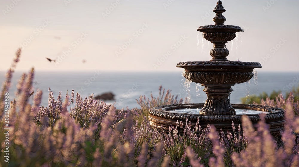 Naklejka premium Elegant outdoor fountain with ocean view and flowering plants at sunset