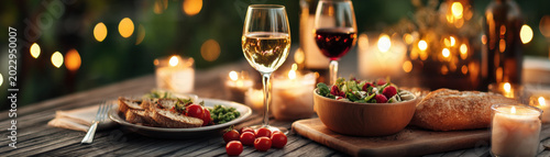 Wine dinner outdoor candle table bread salad cherry tomato 4th july celebration with wine dinner outdoor candle table bread salad cherry tomato