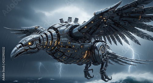 Steampunk mechanical raven with intricate metal plating soaring through a stormy sky