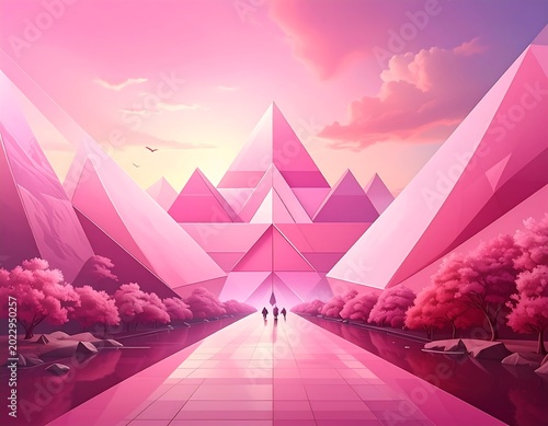 A surreal, geometric landscape with a pink crystalline structure. A pathway leads to a central entrance as figures walk towards it, surrounded by cherry blossom trees