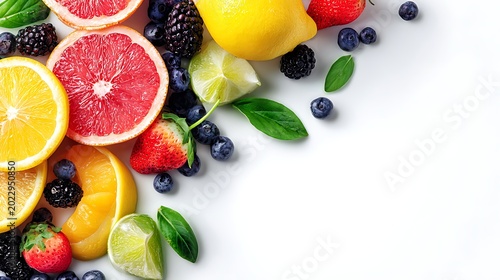 Bright Diagonal Mixed Fruit Border closeup / みずみずしいフルーツが並ぶ対角線配置の明るいボーダー