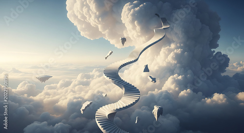 Ethereal winding staircase ascends through a vast dreamlike cloudscape towards a glowing horizon