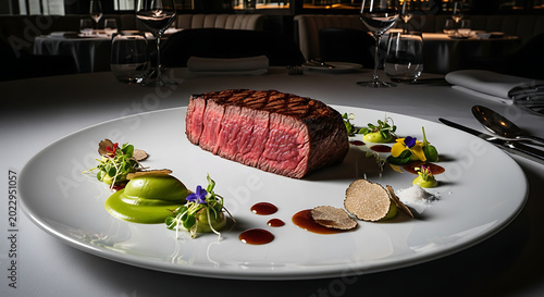 Exquisite grilled sirloin steak with vibrant green puree and truffle shavings