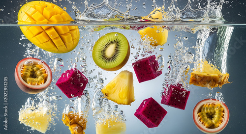 Vibrant tropical fruits falling into clear refreshing water with dynamic splashes and bubbles