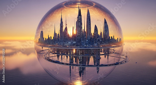 Futuristic cityscape encapsulated in a colossal transparent sphere, majestically floating above serene twilight clouds