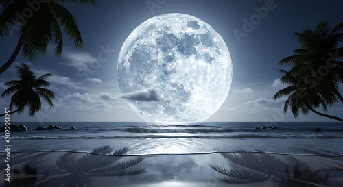 Enchanting tropical beach scene under a massive, luminous full moon at night with calm ocean waves