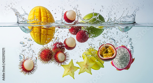Vibrant Tropical Fruits Dropping into Clear Water with Dynamic Splashes and Bubbles