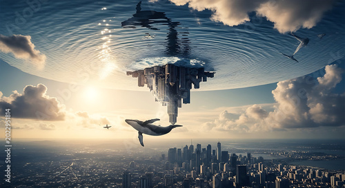 Whales swimming through a surreal inverted cityscape under a cloudy sky at sunset