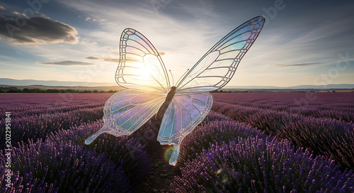 Dreamlike luminous butterfly hovers above a fragrant lavender expanse under a golden sky