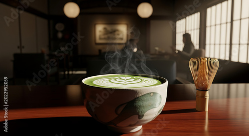 Aromatic Steaming Matcha Tea with Elegant Latte Art in a Tranquil Traditional Japanese Tea House