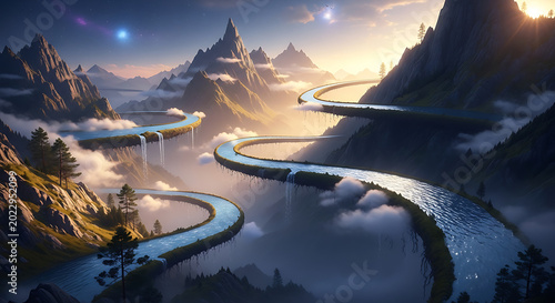 Majestic Rivers Meander Through Ethereal Mountain Peaks at Dawn, a Futuristic Fantasy Landscape Vista