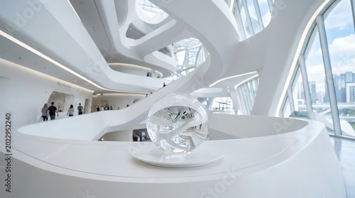 Luxurious modern architectural interior with fluid white lines and an elegant spherical centerpiece, creating a bright and futuristic ambiance within a grand open space