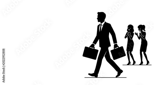Cuadro en lienzo Black and white silhouette of a businessman walking past two gossiping women