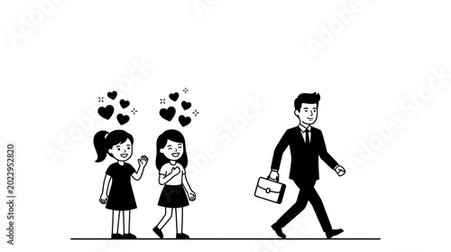 Tableau sur toile Black and white illustration of girls admiring a man in a suit.