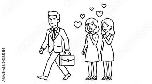 Billede på lærred Line art illustration of two women admiring a businessman.