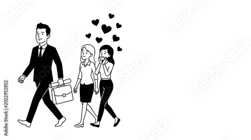 Bilde på lerret Doodle illustration of a businessman walking past two admiring women