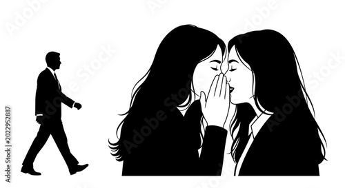 Tableau sur toile Black and white illustration of two women gossiping about a man walking away
