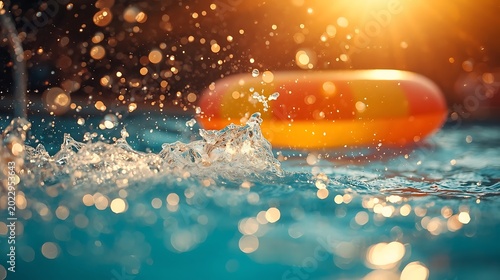 Vibrant Summer Pool Scene with Inflatable Ring and Splashing Water.